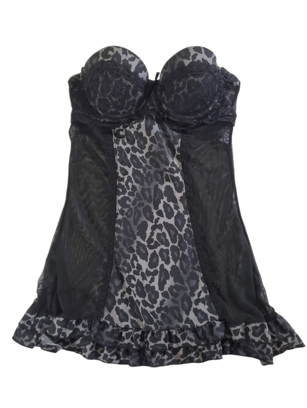 2631 * Rampage Intimates Strapless Lace Leopard Print Babydoll Black Size M